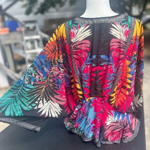 Fun flowy deep v preplum flutter butterfly sleeve palm leaf design